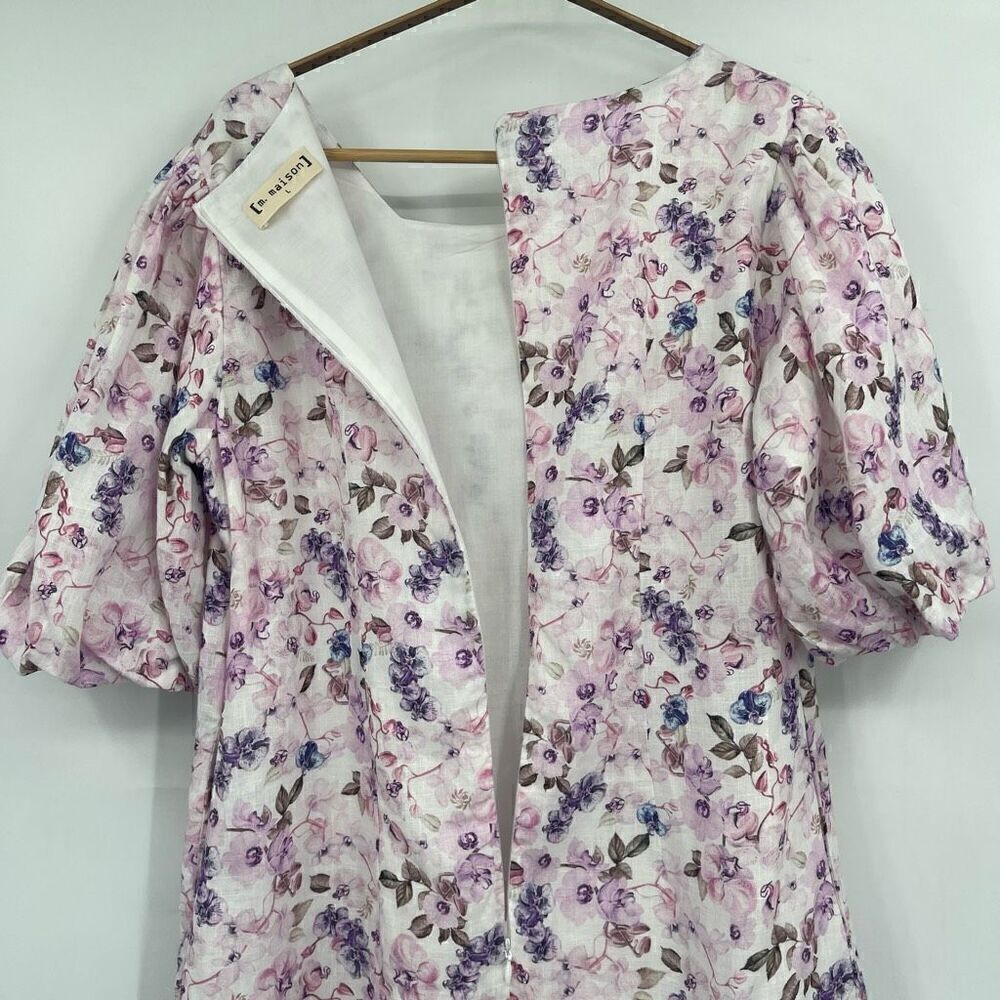 M. Maison Multicolor Floral Square Neck Linen Mini Dress Large - Picture 8 of 9